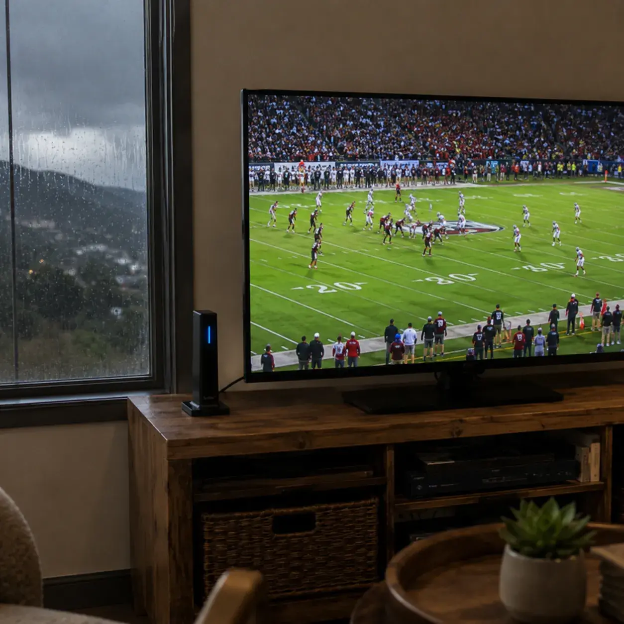 Indoor antenna positioned near a television